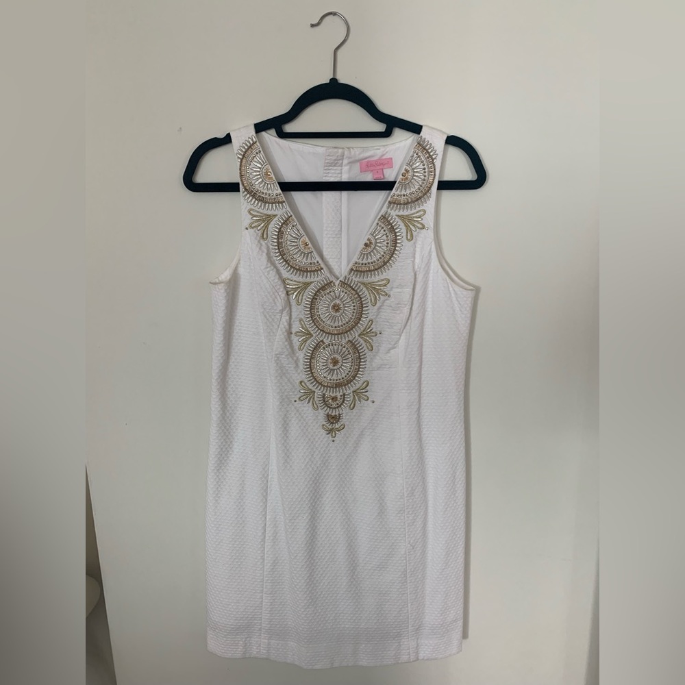 Lilly Pulitzer White Dress with Gold Embroidery